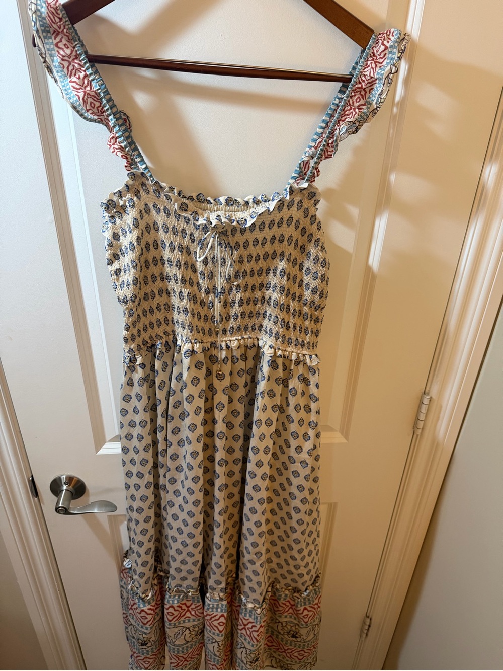 H&M Cream Maxi Dress with Blue Print and Coral Trim